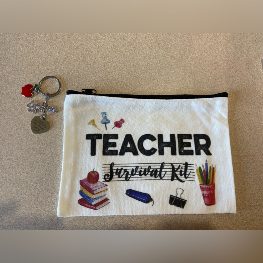 Makeup Bag + Keychain Stainless Steel! NWT 2 piece SET: “Teacher Survi…”